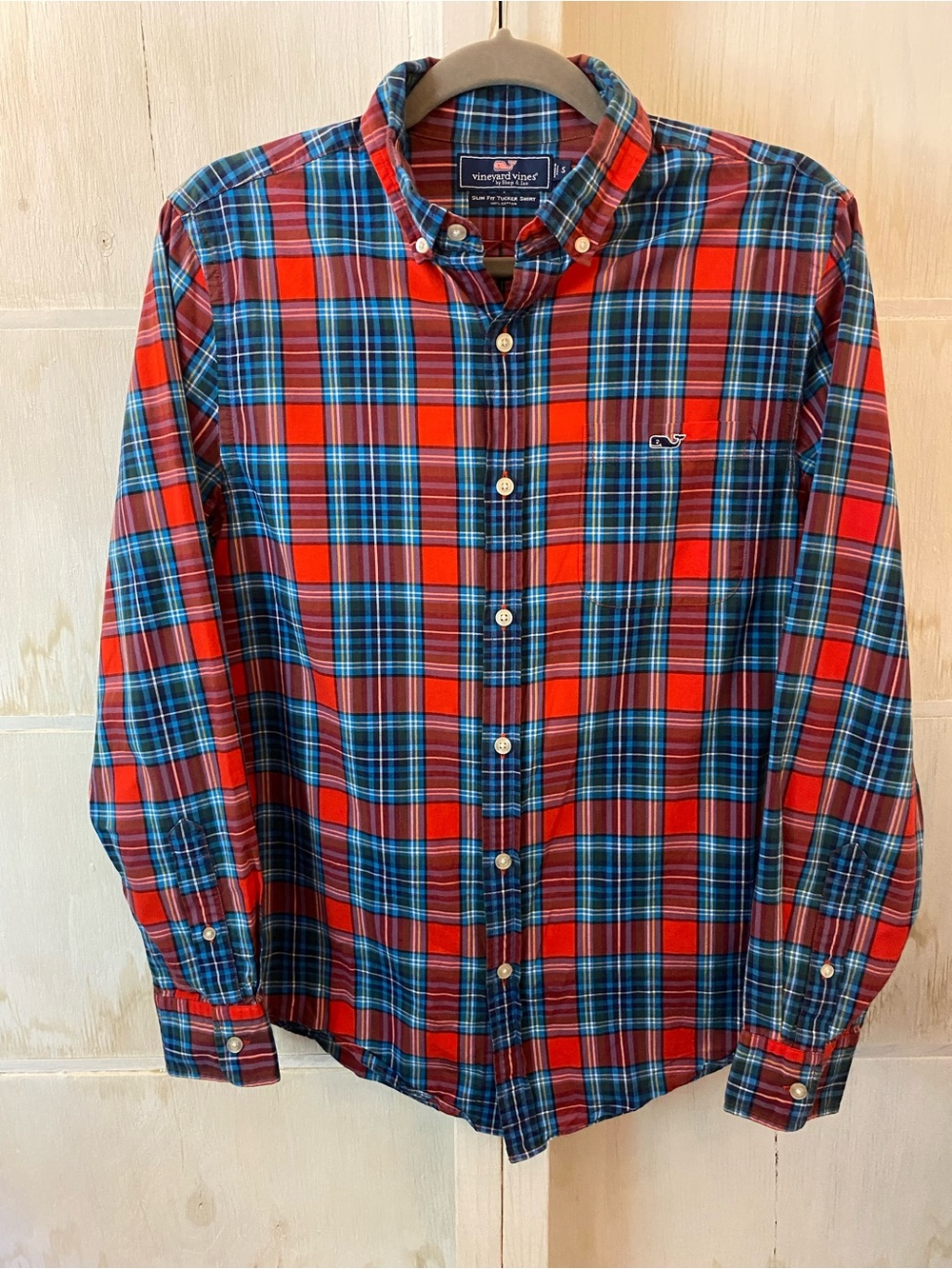 Vineyard Vines Slum Fit Tucker Small Mens Red and Blue Plaid Button-Down Shirt